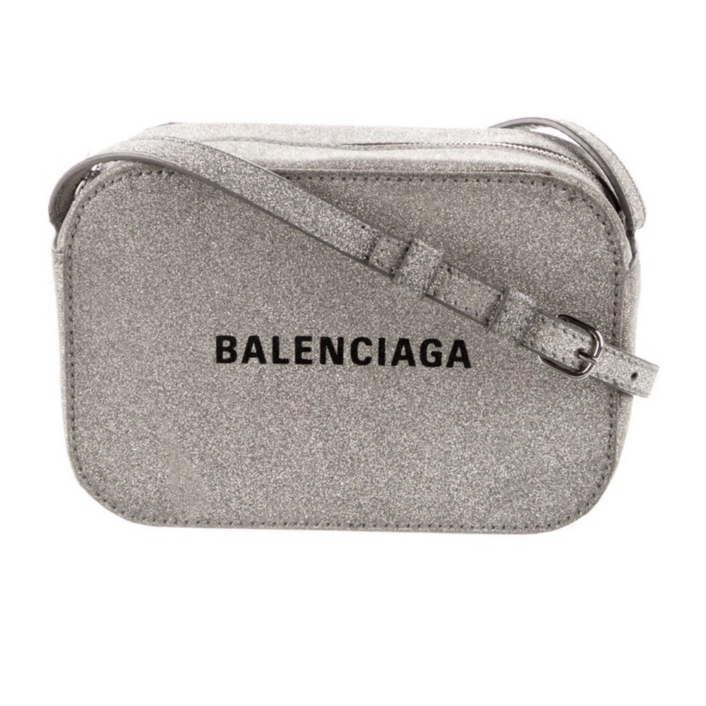 Balenciaga Everyday Camera Bag Silver Leather Logo Lame Authentic Excellent Cond